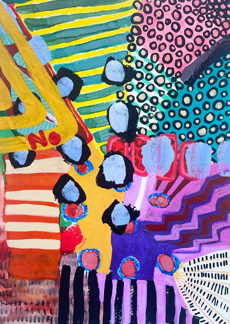 May include: Abstract painting with a mix of colors and patterns. The painting features yellow, green, blue, red, purple, black, and white. The painting has a geometric design with stripes, dots, and zigzags.