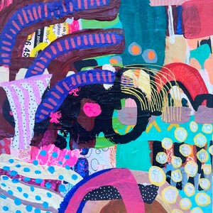 May include: Abstract painting with bold colors and shapes, including pink, blue, yellow, green, and brown. The painting features a variety of textures and patterns, including polka dots, stripes, and swirls.