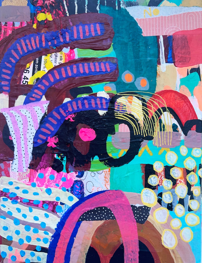May include: Abstract painting with bold colors and shapes, including pink, blue, yellow, green, and brown. The painting features a variety of textures and patterns, including polka dots, stripes, and swirls.