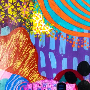 May include: Abstract painting with a colorful, layered design. The painting features a variety of shapes, including circles, squares, and triangles. The colors are bright and vibrant, and the overall effect is energetic and playful. A grid with numbers is visible in the lower right corner.