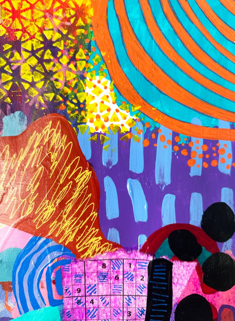May include: Abstract painting with a colorful, layered design. The painting features a variety of shapes, including circles, squares, and triangles. The colors are bright and vibrant, and the overall effect is energetic and playful. A grid with numbers is visible in the lower right corner.