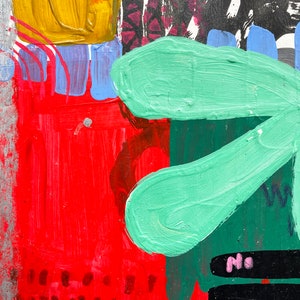 May include: Abstract painting with bold strokes of red, green, yellow, and blue paint. The painting has a textured surface and a modern style.