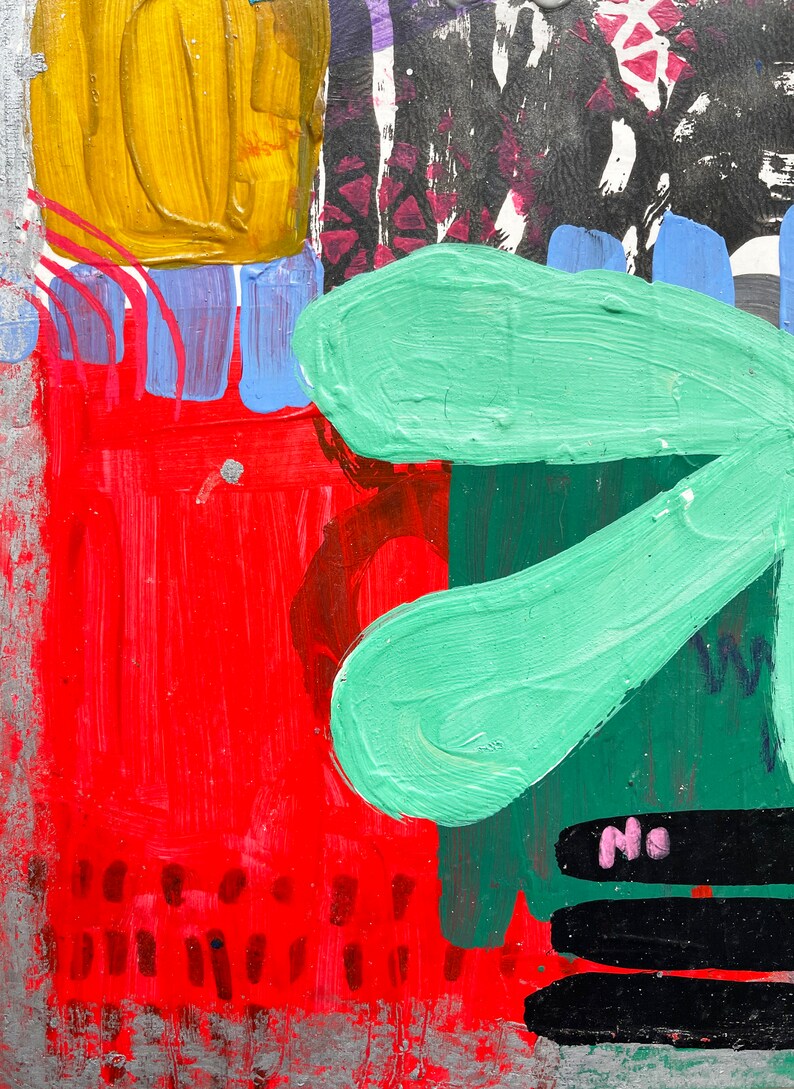 May include: Abstract painting with bold strokes of red, green, yellow, and blue paint. The painting has a textured surface and a modern style.