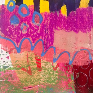 May include: An abstract painting featuring layered textures and bold colours including bright yellow vertical strokes, deep purple, vibrant magenta, and a wavy blue line. The composition incorporates geometric shapes, circular motifs, and a speckled pattern.