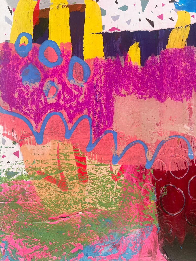 May include: An abstract painting featuring layered textures and bold colours including bright yellow vertical strokes, deep purple, vibrant magenta, and a wavy blue line. The composition incorporates geometric shapes, circular motifs, and a speckled pattern.