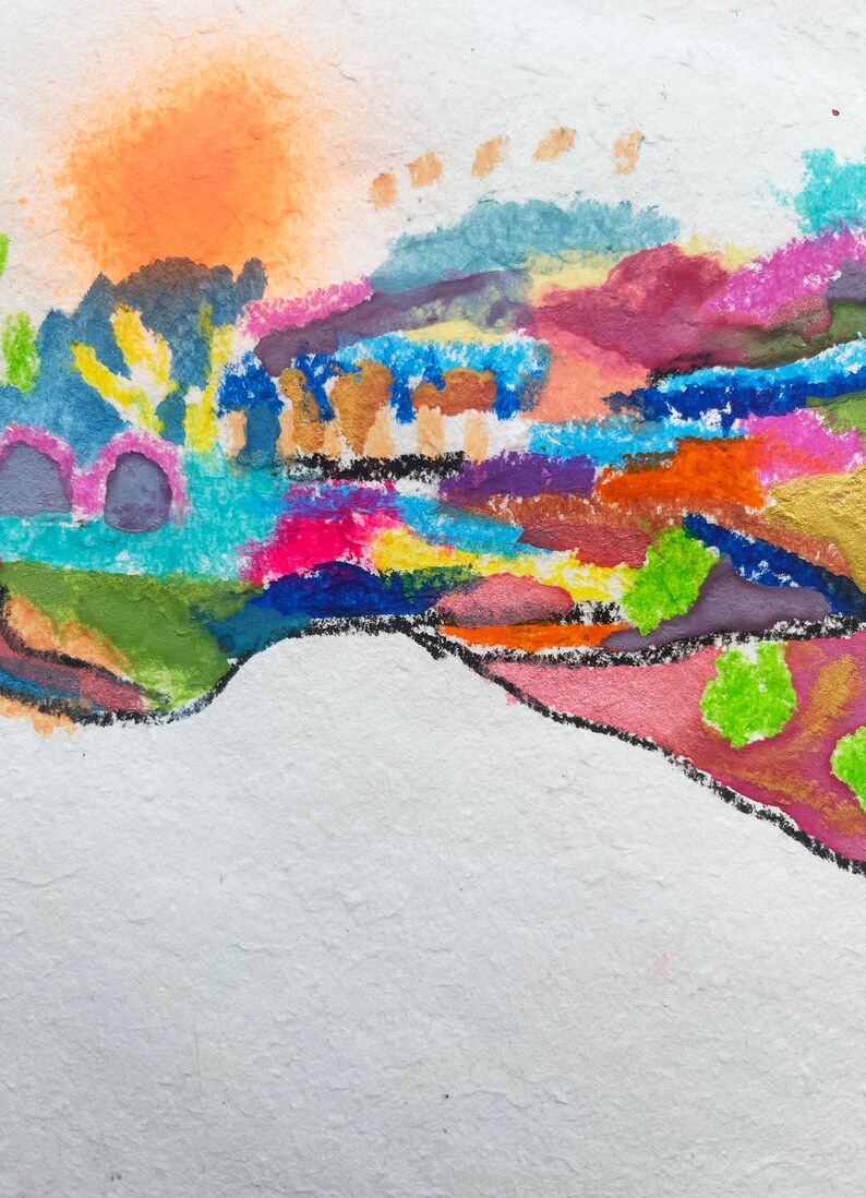 Puede incluir: Pintura abstracta con una escena de paisaje colorida. La pintura presenta una variedad de colores, incluyendo naranja, amarillo, azul, verde, rosa y morado. La pintura est&aacute; realizada en un estilo suelto y gestual.
