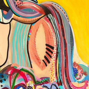 May include: Abstract painting with a yellow background and a colourful, swirling design. The painting features a variety of shapes, lines, and patterns in shades of blue, green, red, pink, and black.