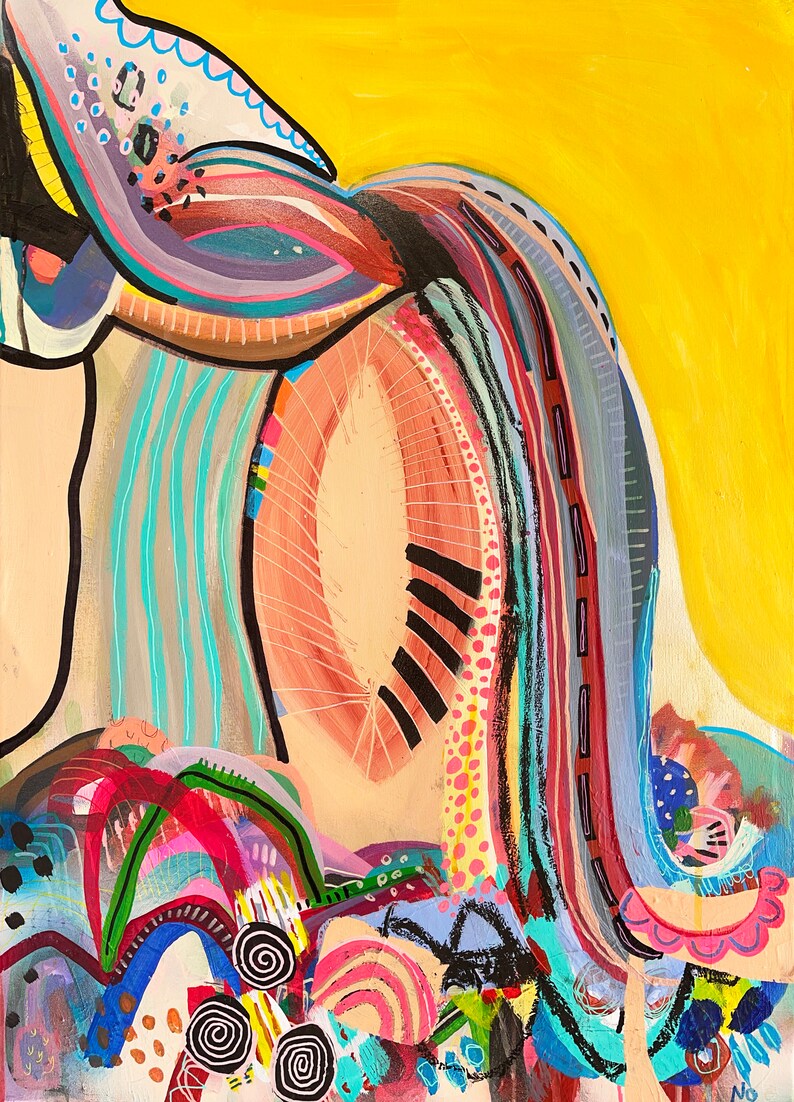 May include: Abstract painting with a yellow background and a colourful, swirling design. The painting features a variety of shapes, lines, and patterns in shades of blue, green, red, pink, and black.