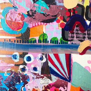 Puede incluir: Pintura abstracta con una mezcla de colores y texturas, incluyendo rosa, azul, verde, naranja y negro. La pintura presenta formas geom&eacute;tricas, c&iacute;rculos y l&iacute;neas.