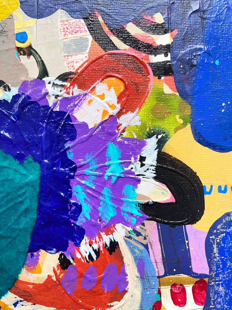 May include: Abstract painting with bold strokes of blue, purple, red, yellow, and green paint. The painting has a textured surface and a variety of shapes and patterns.