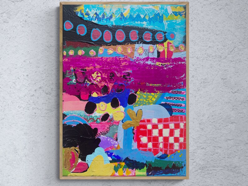 Pode incluir: Pintura abstrata com um design colorido e em camadas. A pintura apresenta uma variedade de formas, incluindo c&iacute;rculos, quadrados e tri&acirc;ngulos. As cores s&atilde;o brilhantes e vibrantes, incluindo rosa, azul, amarelo e verde.