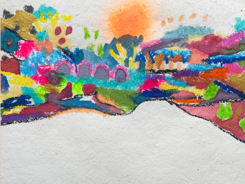 Puede incluir: Pintura abstracta con una escena de paisaje colorida. La pintura presenta una variedad de colores, incluyendo rosa, azul, verde, amarillo y naranja. La pintura est&aacute; hecha sobre un fondo blanco.