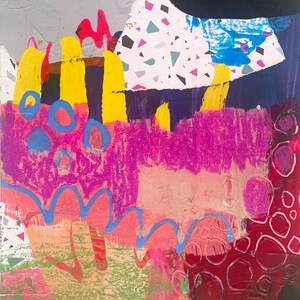 May include: An abstract painting featuring a collage of textures and colours including bright yellow vertical strokes, magenta patches, blue circular outlines, a wavy blue line, and a white section with small black, pink, and teal triangles.
