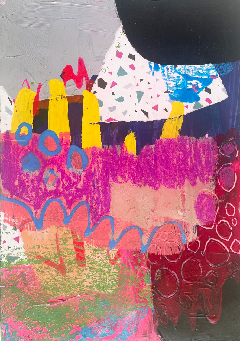 May include: An abstract painting featuring a collage of textures and colours including bright yellow vertical strokes, magenta patches, blue circular outlines, a wavy blue line, and a white section with small black, pink, and teal triangles.
