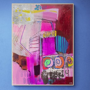 May include: Abstract painting featuring pink, red, yellow, blue and green colours. The painting incorporates geometric shapes and lines, with a silver metallic accent. The painting is signed "MO" in the bottom right corner.