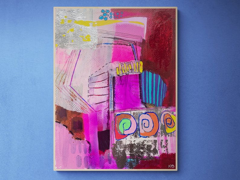 May include: Abstract painting featuring pink, red, yellow, blue and green colours. The painting incorporates geometric shapes and lines, with a silver metallic accent. The painting is signed "MO" in the bottom right corner.