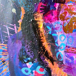 May include: Abstract painting with vibrant colours, including purple, pink, orange, blue, and black. The painting features thick brushstrokes and a layered, textured style.