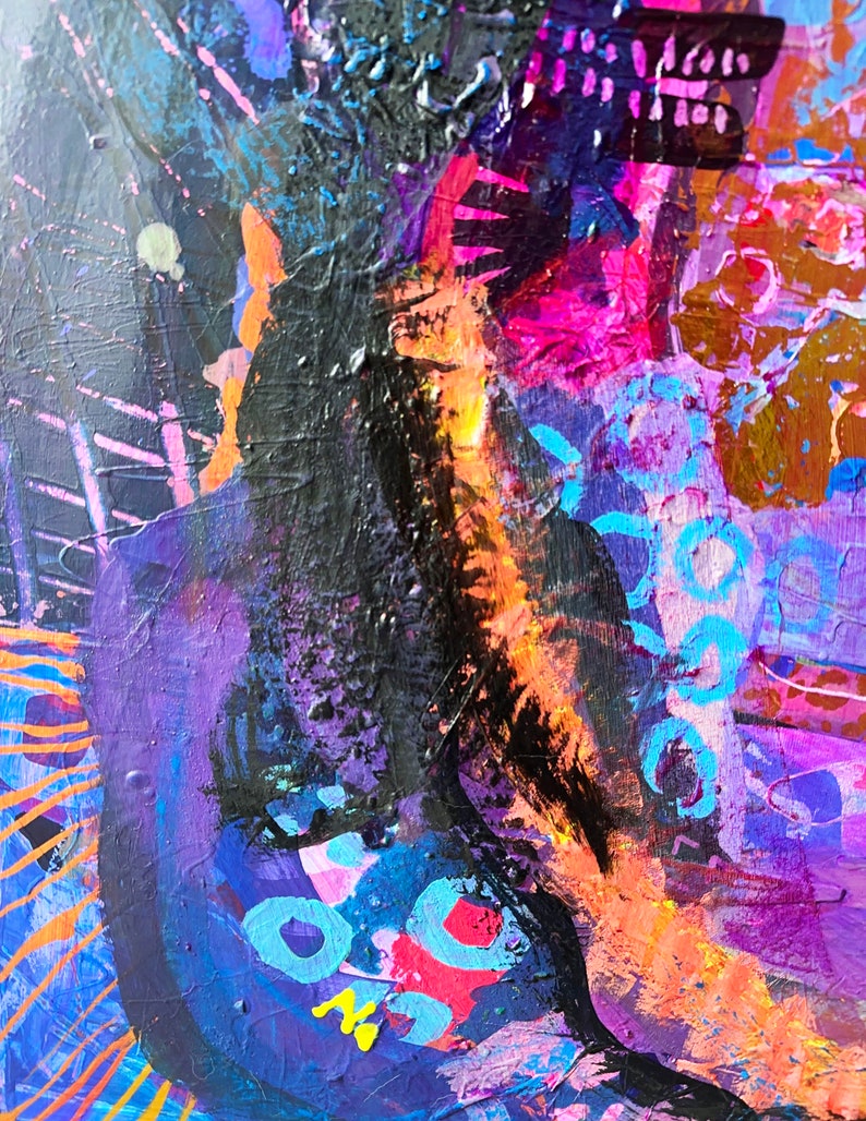 May include: Abstract painting with vibrant colours, including purple, pink, orange, blue, and black. The painting features thick brushstrokes and a layered, textured style.