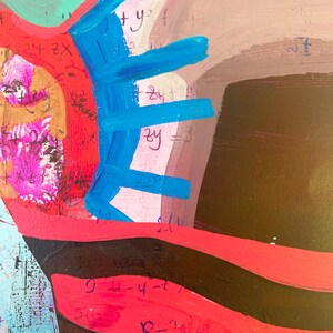 Pu&ograve; includere: Dipinto astratto con pennellate audaci di vernice rossa, blu e nera. Il dipinto presenta un mix di forme geometriche e linee organiche. Lo sfondo &egrave; di colore marrone chiaro. Il dipinto include testo scritto a mano in inchiostro nero e blu.