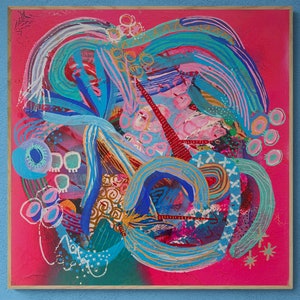 May include: Abstract painting on canvas with a pink background and colorful swirls, lines, and dots. The painting features shades of blue, green, pink, and gold.