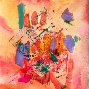 May include: Abstract painting with a mix of orange, yellow, pink, green, and purple hues. The painting features a variety of shapes and textures, including lines, dots, and swirls. The word "NO" is written in green paint in the lower right corner.