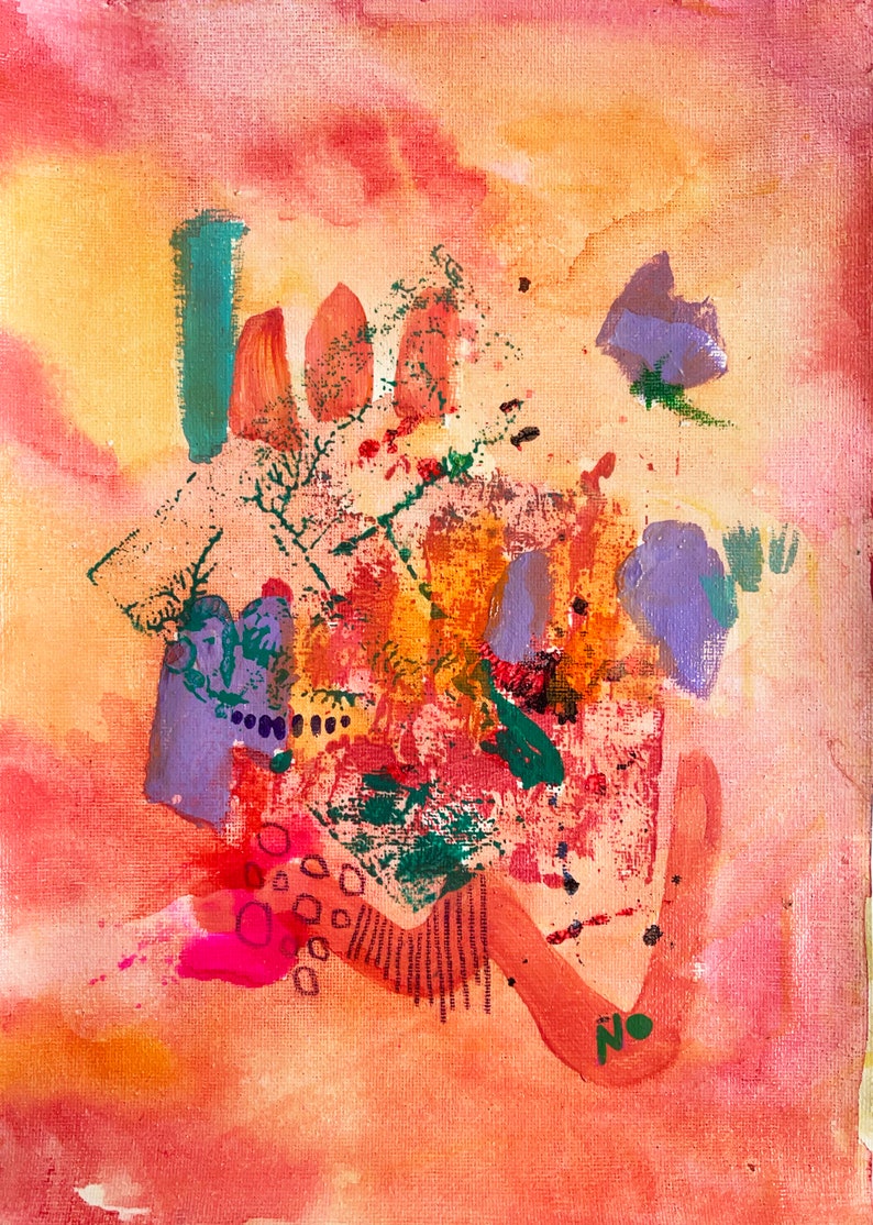 May include: Abstract painting with a mix of orange, yellow, pink, green, and purple hues. The painting features a variety of shapes and textures, including lines, dots, and swirls. The word "NO" is written in green paint in the lower right corner.