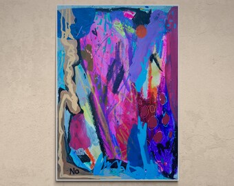 Puede incluir: Pintura abstracta con colores vibrantes, incluyendo rosa, morado, azul y naranja. La pintura tiene una superficie texturizada y un estilo audaz y expresivo. La palabra "No" está escrita en negro en la parte inferior de la pintura.