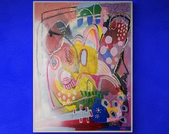 May include: Abstract painting on canvas with a colourful, layered design featuring pink, yellow, green, blue, and black paint. The painting has a textured surface and a whimsical style.