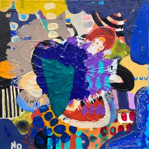May include: Abstract painting featuring a blend of colours including blue, purple, green, orange, yellow, and white. The painting has a textured appearance and is painted on canvas.