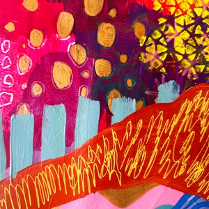 May include: Abstract painting with a vibrant red, pink, yellow, and blue color scheme. The painting features a variety of shapes and textures, including circles, lines, and swirls. The painting is a unique and expressive piece of art.