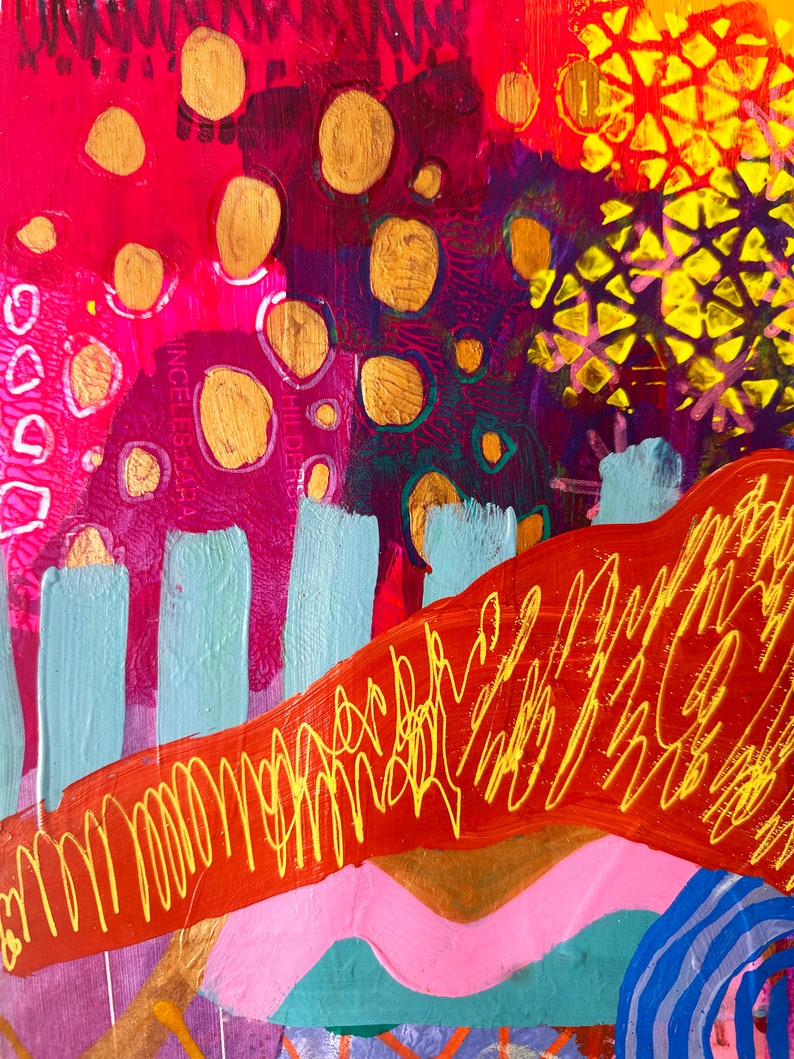 May include: Abstract painting with a vibrant red, pink, yellow, and blue color scheme. The painting features a variety of shapes and textures, including circles, lines, and swirls. The painting is a unique and expressive piece of art.