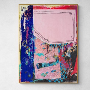 May include: Abstract artwork in a gold frame. The piece features a pink rectangle with a black outline, set against a backdrop of vibrant colours including blue, red, and black. The piece has a textured appearance.