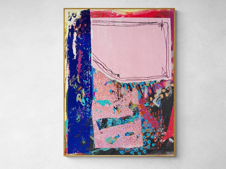 May include: Abstract artwork in a gold frame. The piece features a pink rectangle with a black outline, set against a backdrop of vibrant colours including blue, red, and black. The piece has a textured appearance.