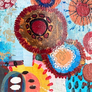 May include: Abstract painting with a blue background and colourful circles, some with white dots and others with black outlines.