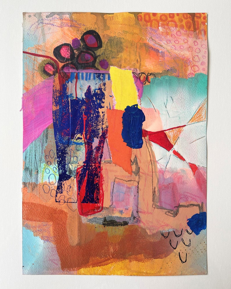 Väggkonst med blandteknik, collage - Färgglad väggkonst på papper - Abstrakt målning original - Intuitiv målning - Prisvärd konst bild 3
