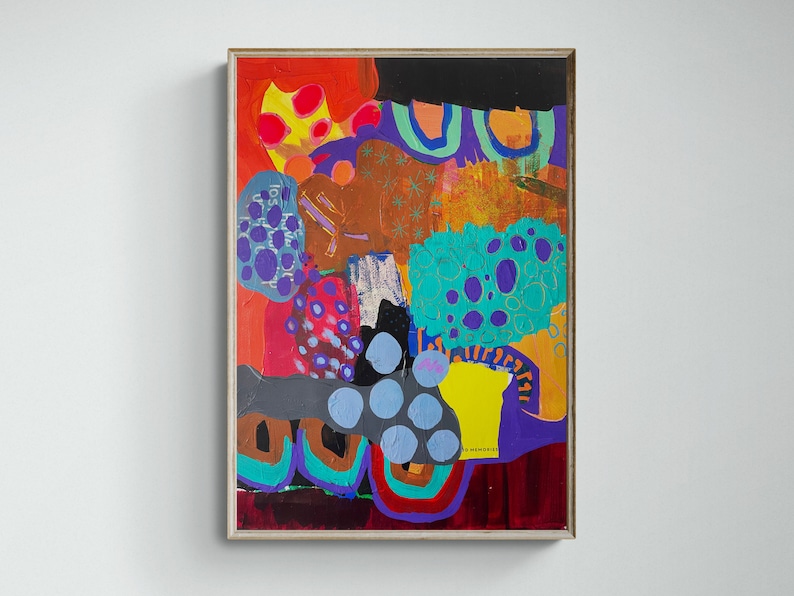 May include: Abstract painting with a colorful, layered design. The painting features a mix of bright colors, including red, orange, yellow, green, blue, and purple. The painting is framed in a wooden frame.