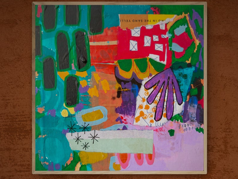 Mini Canvas Art, Original Mixed Media Abstract Collage on Board Canvas, Colorful Abstract Art, Intuitive Expressionism, Modern Painting image 1