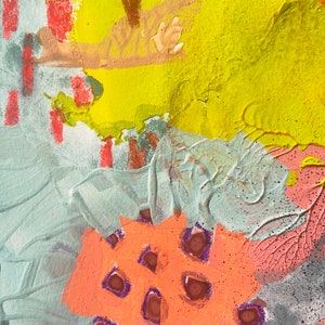 May include: Abstract painting with a mix of colors, including yellow, orange, pink, and blue. The painting has a textured surface and features a variety of shapes and patterns.