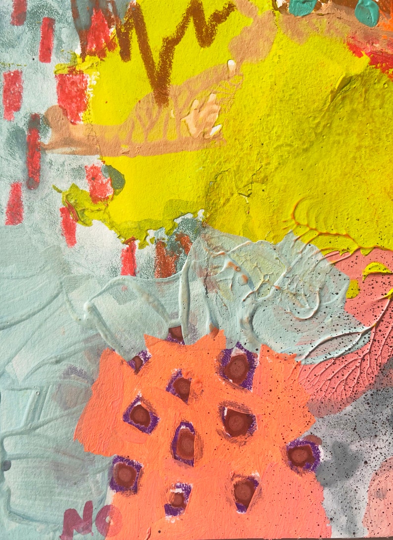 May include: Abstract painting with a mix of colors, including yellow, orange, pink, and blue. The painting has a textured surface and features a variety of shapes and patterns.