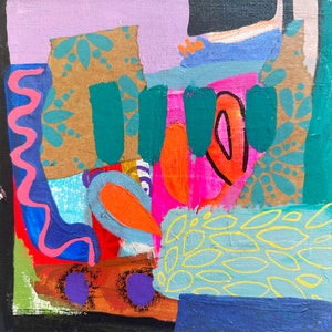 Peut inclure: Peinture abstraite avec un m&eacute;lange de couleurs et de textures, notamment turquoise, orange, rose, bleu et marron. La peinture pr&eacute;sente une vari&eacute;t&eacute; de formes et de motifs, notamment des feuilles, des volutes et des points.