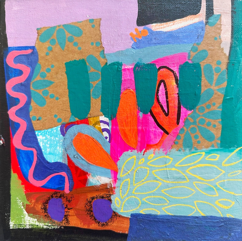 Peut inclure: Peinture abstraite avec un m&eacute;lange de couleurs et de textures, notamment turquoise, orange, rose, bleu et marron. La peinture pr&eacute;sente une vari&eacute;t&eacute; de formes et de motifs, notamment des feuilles, des volutes et des points.