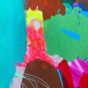 May include: Abstract painting with bold strokes of red, green, blue, brown, and pink. The painting has a dynamic and energetic feel.