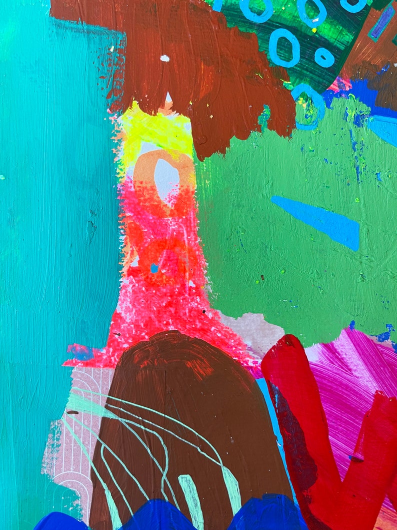 May include: Abstract painting with bold strokes of red, green, blue, brown, and pink. The painting has a dynamic and energetic feel.