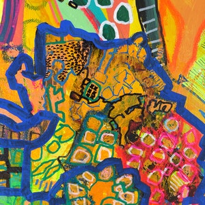 May include: Abstract painting with a bright yellow, orange, and green color scheme. The painting features a variety of geometric shapes and patterns, including circles, squares, and lines. The painting is framed in a blue border.