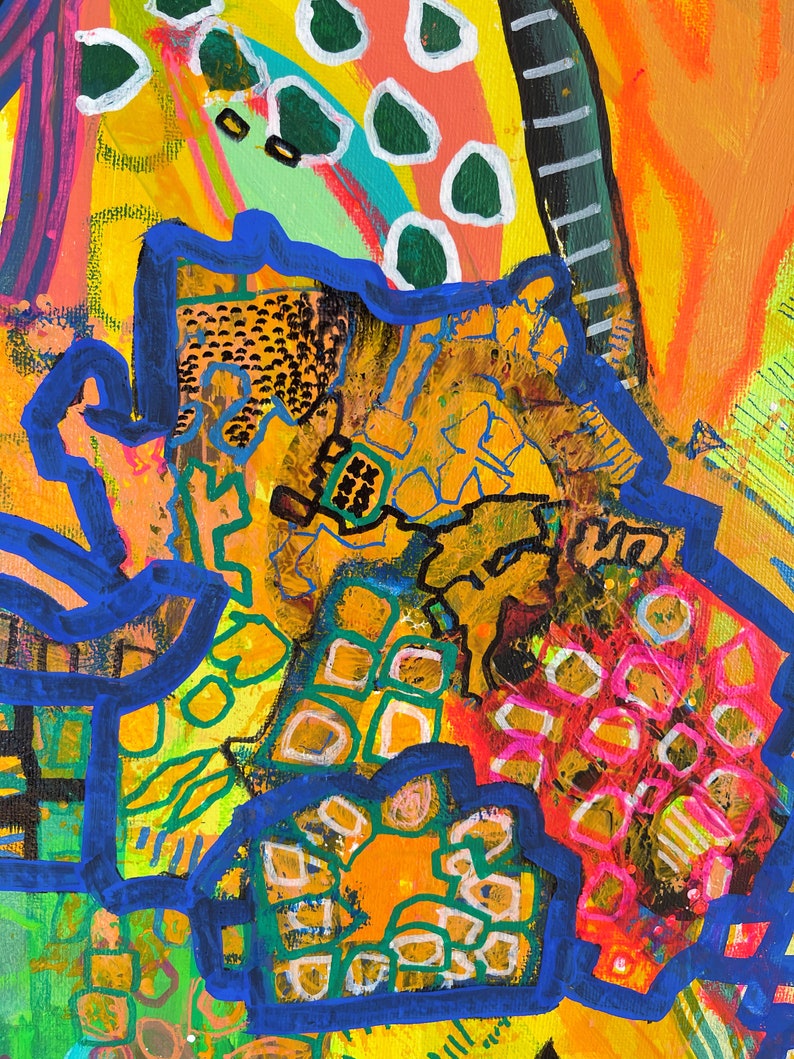 May include: Abstract painting with a bright yellow, orange, and green color scheme. The painting features a variety of geometric shapes and patterns, including circles, squares, and lines. The painting is framed in a blue border.