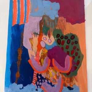 May include: An abstract painting on canvas featuring a vibrant composition of layered shapes and textures. The artwork displays bold blocks of blue, orange, purple, and green, accented by striped patterns, circular motifs, and thick, visible brushstrokes.