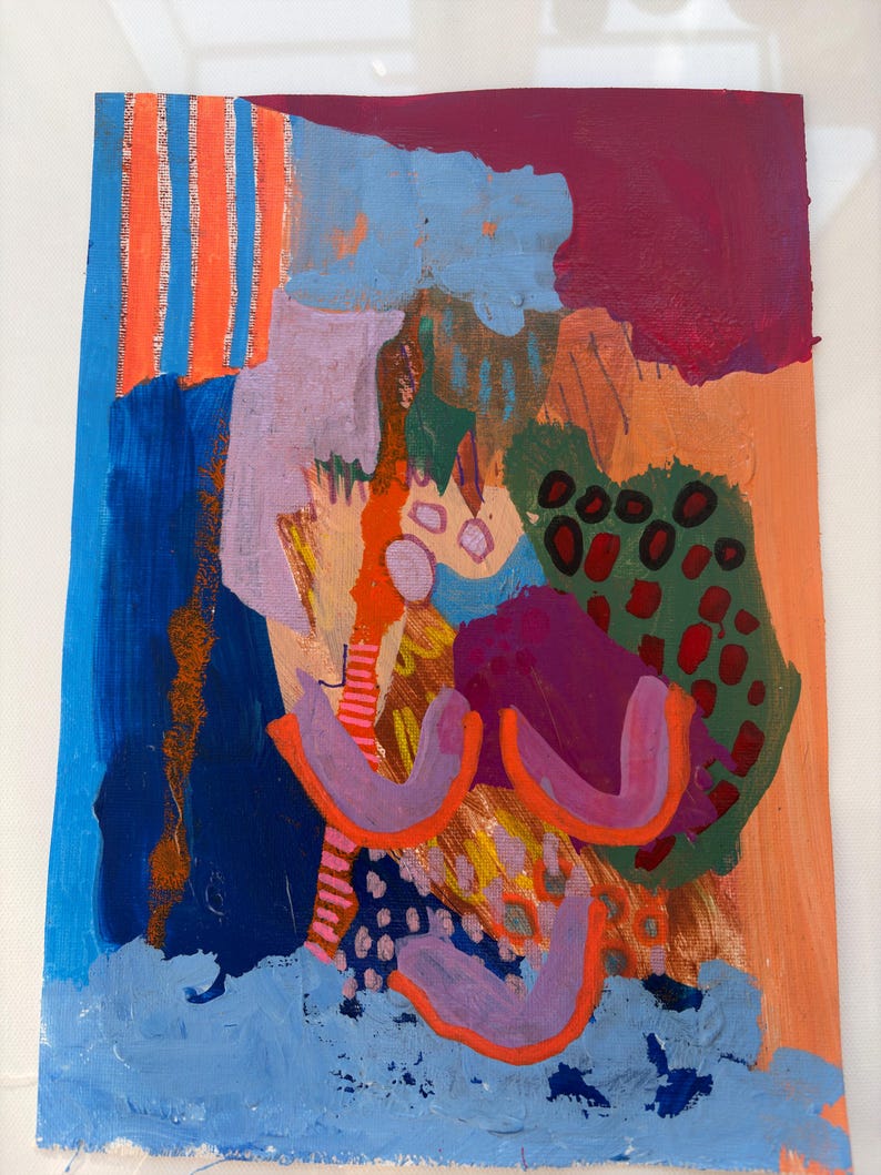 May include: An abstract painting on canvas featuring a vibrant composition of layered shapes and textures. The artwork displays bold blocks of blue, orange, purple, and green, accented by striped patterns, circular motifs, and thick, visible brushstrokes.