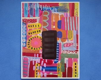 May include: Abstract painting with a colorful geometric design. The painting features a variety of shapes, lines, and colors, including red, blue, yellow, green, and black. The word "Embrace" is written in white letters on a green background.