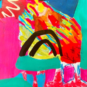 May include: Abstract painting featuring bold black lines, bright colours, and a rainbow arch. The colours include pink, red, yellow, blue, and green.