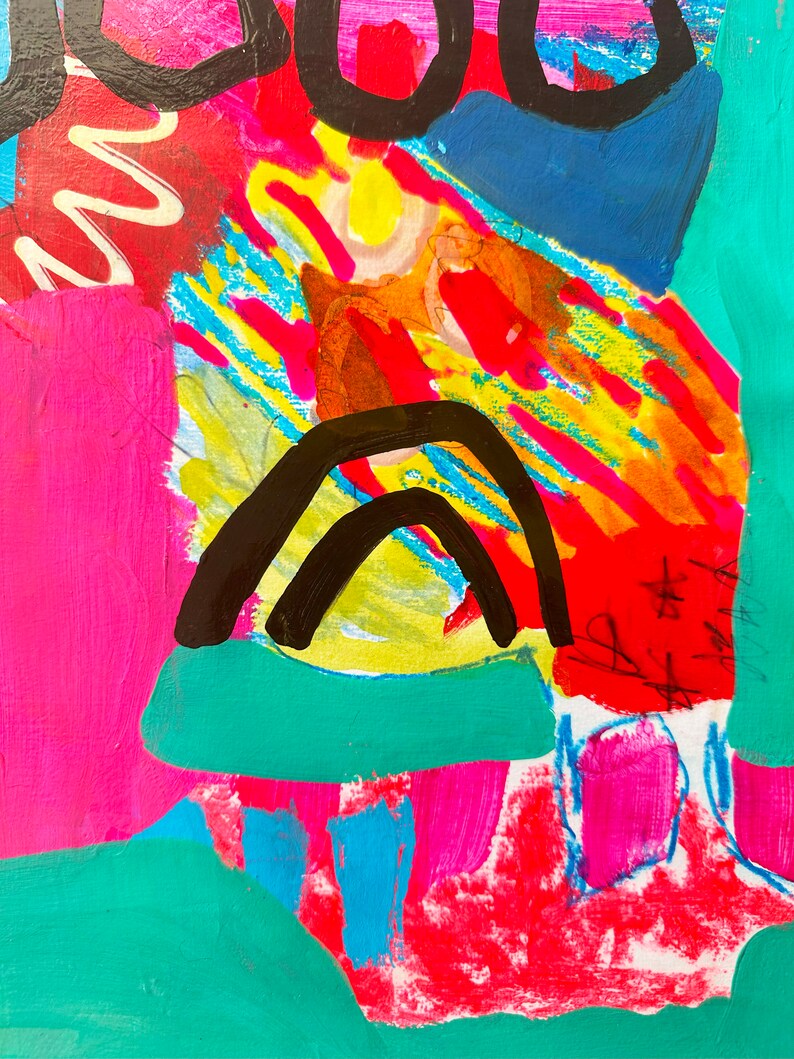 May include: Abstract painting featuring bold black lines, bright colours, and a rainbow arch. The colours include pink, red, yellow, blue, and green.